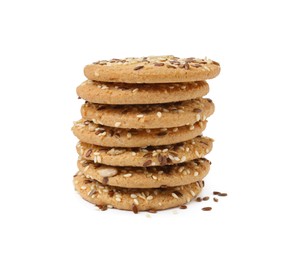 Photo of Stack of round cereal crackers with flax, sunflower and sesame seeds isolated on white