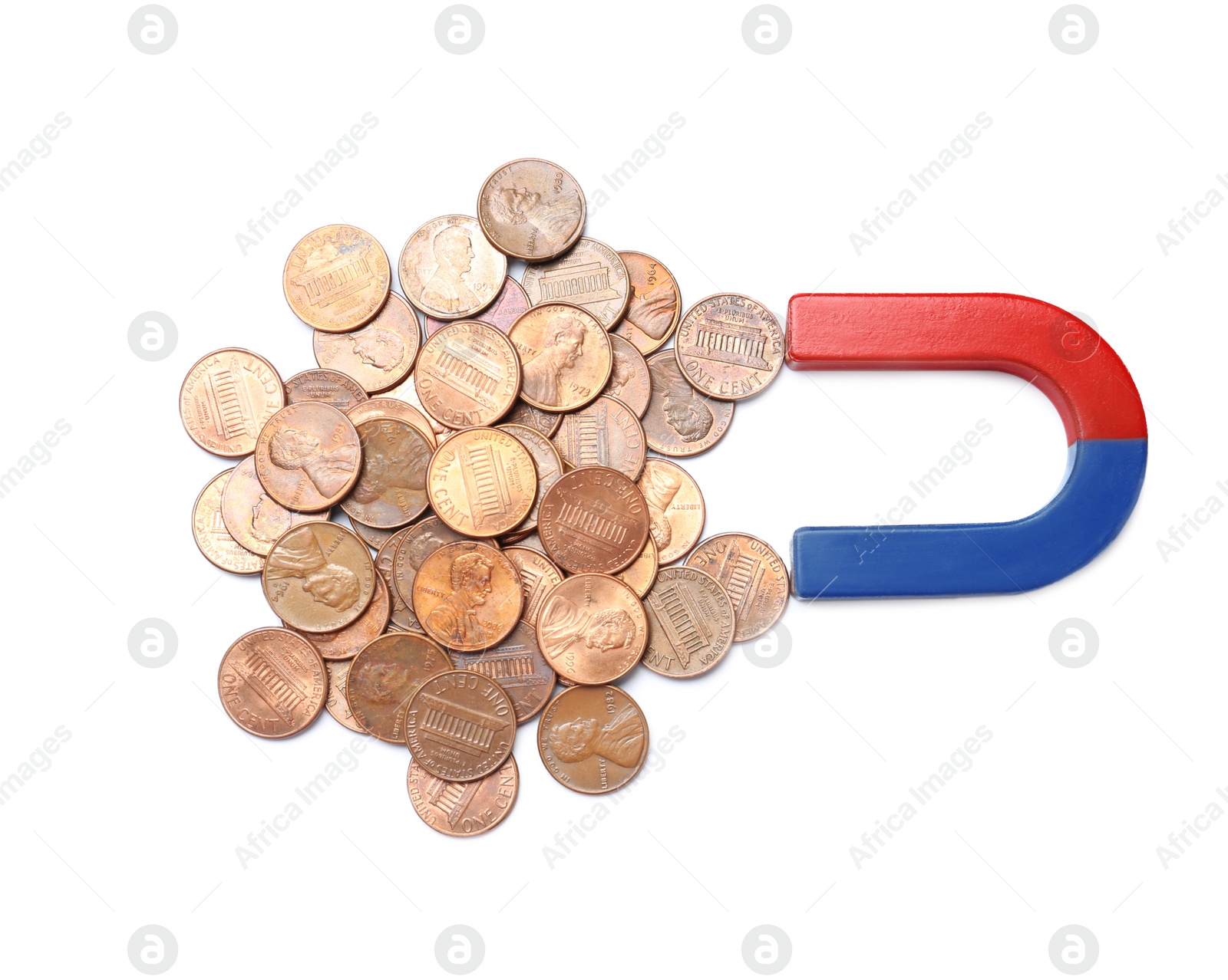 Photo of Magnet attracting coins on white background, top view. Business concept