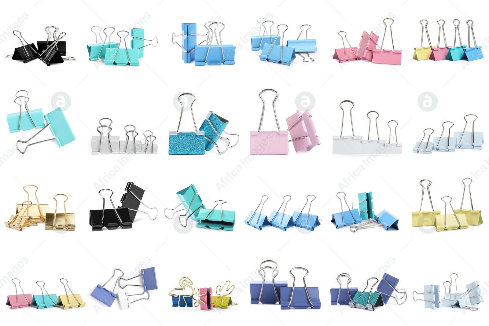 Image of Set with different binder clips on white background