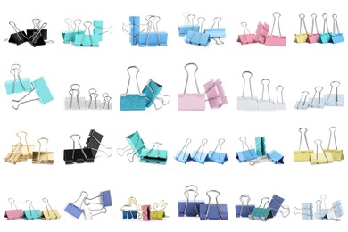 Set with different binder clips on white background