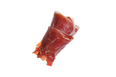 Roll of tasty prosciutto isolated on white