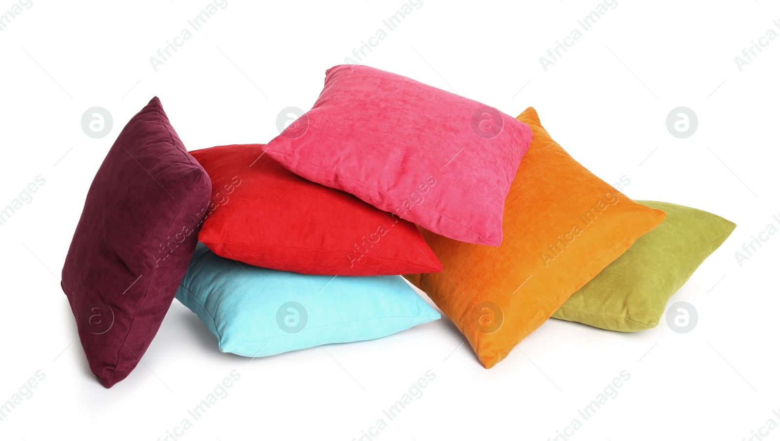 Photo of Different colorful decorative pillows on white background