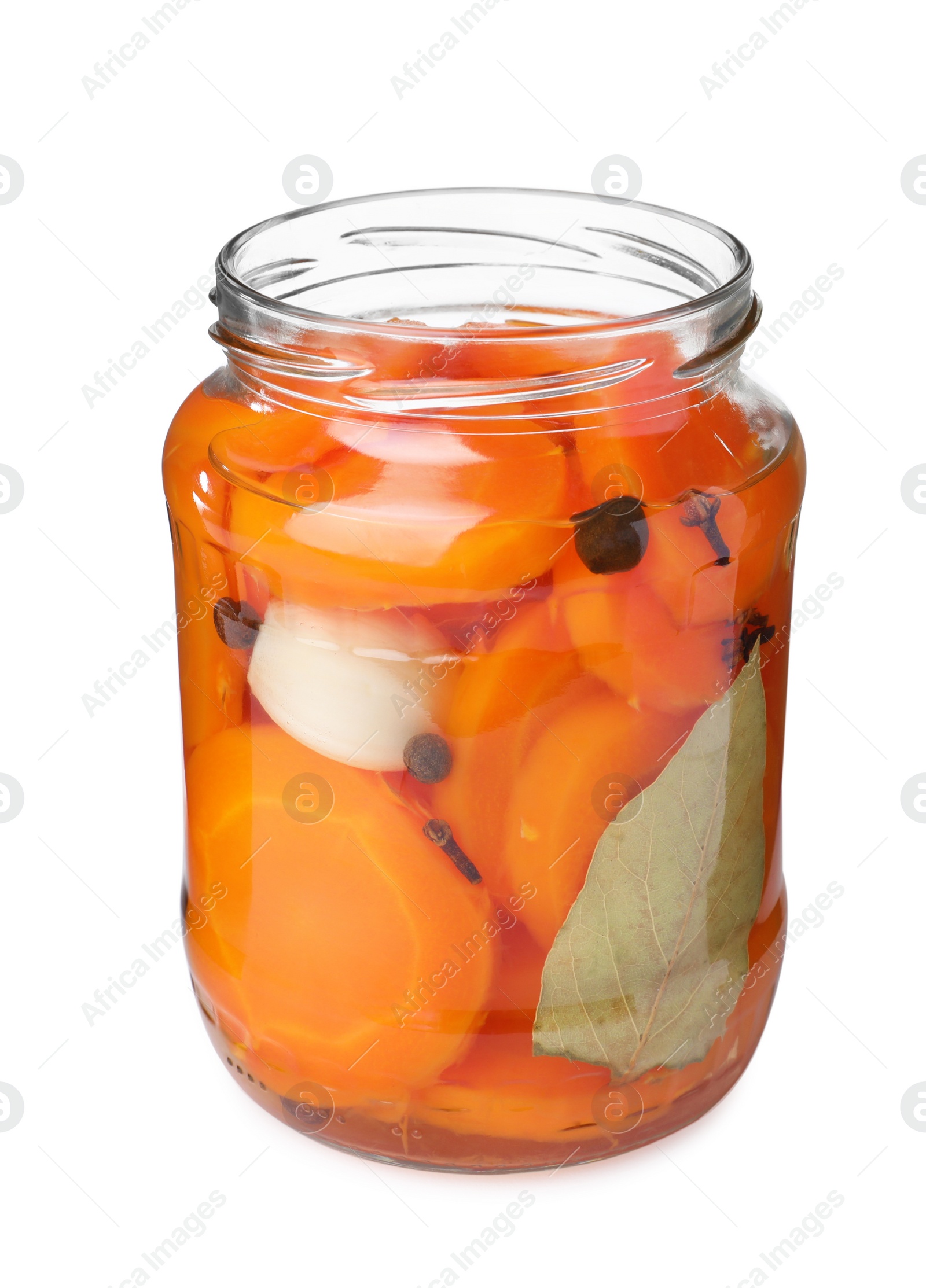 Photo of Jar with pickled carrot slices on white background