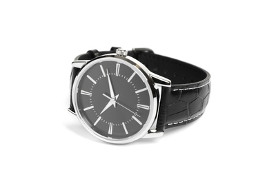 Photo of Black luxury watch with leather band isolated on white