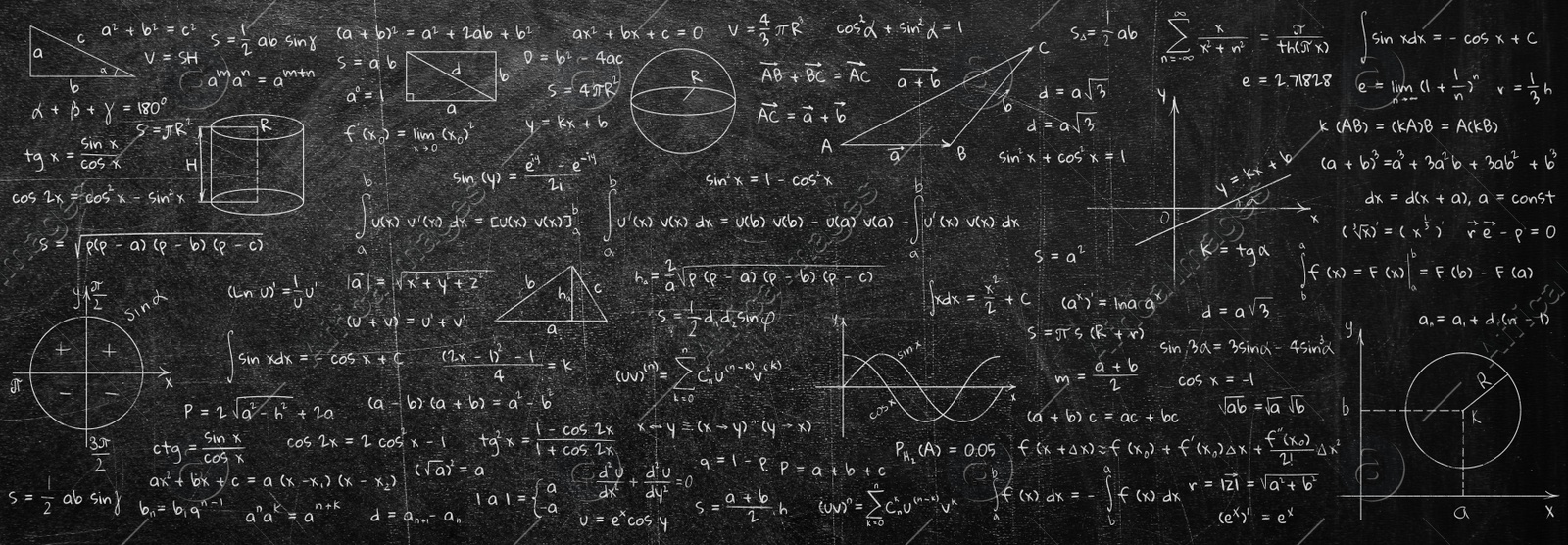 Image of Many different math formulas written on blackboard. Algebra and Geometry