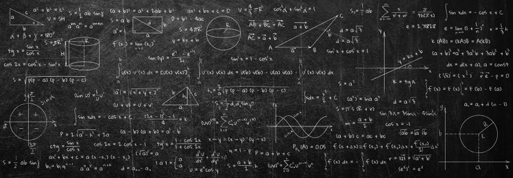 Image of Many different math formulas written on blackboard. Algebra and Geometry