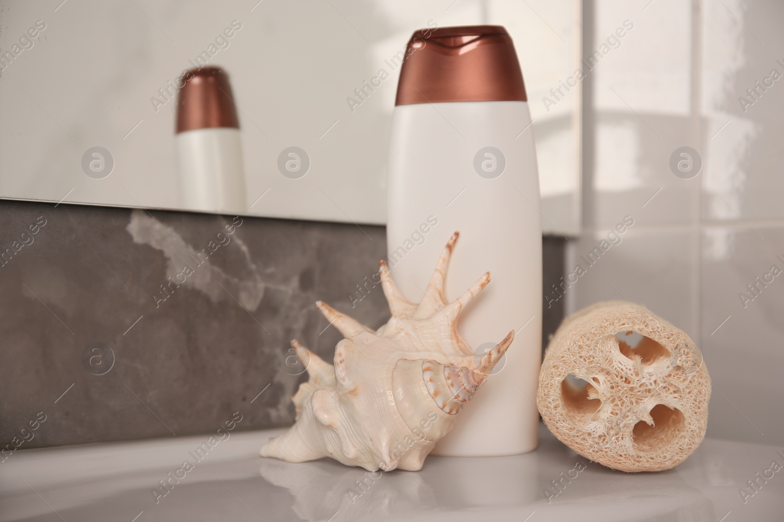 Photo of Natural loofah sponge, seashell and bottle of shower gel on washbasin in bathroom