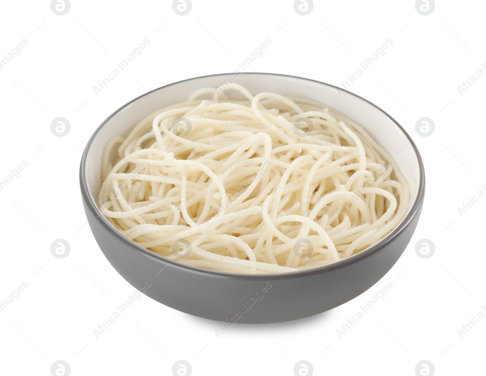 Photo of Bowl of tasty cooked rice noodles isolated on white