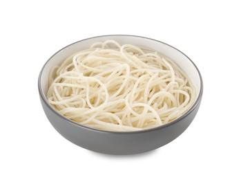 Photo of Bowl of tasty cooked rice noodles isolated on white