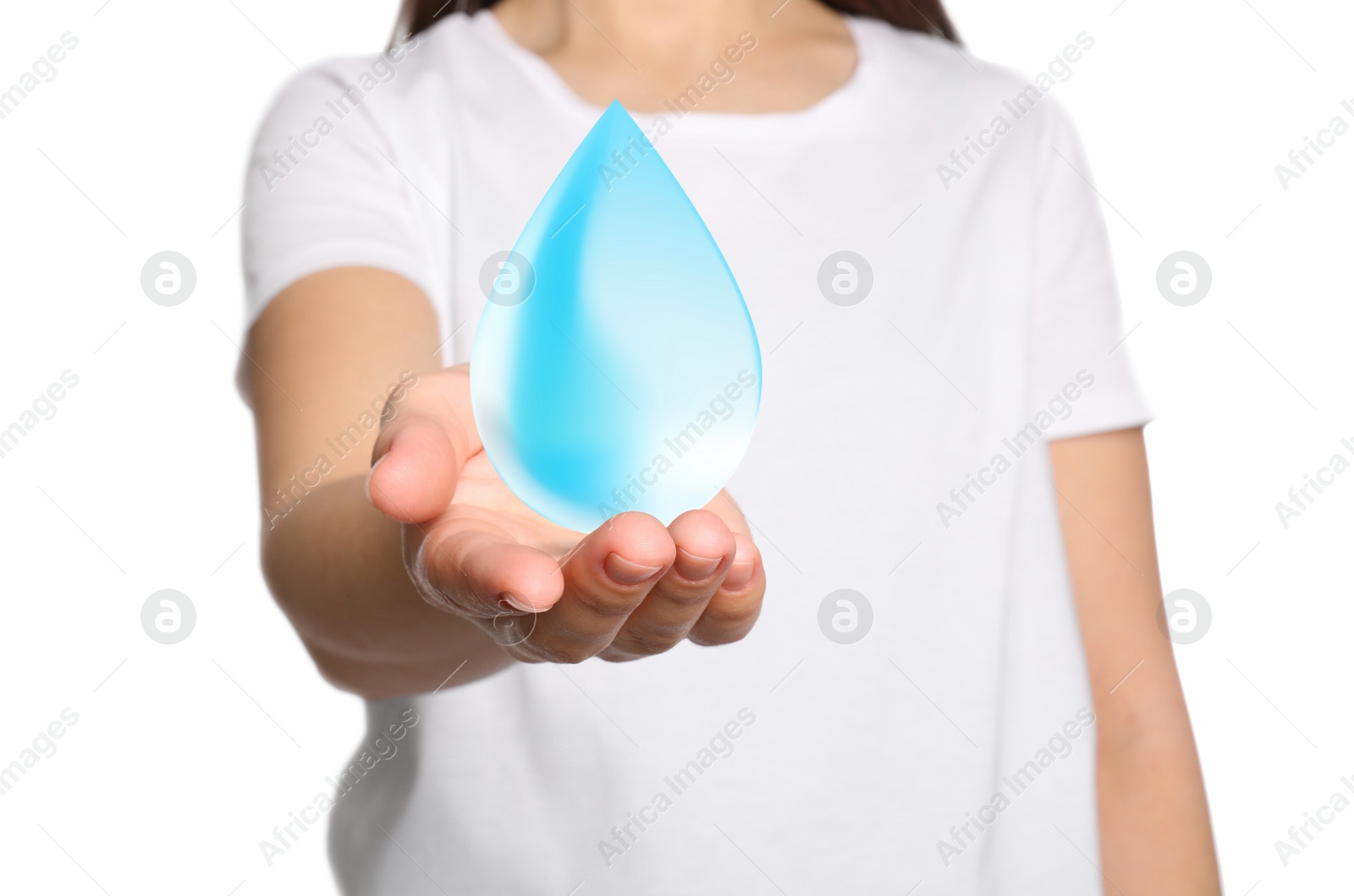 Image of Woman holding image of water drop on white background, closeup