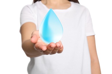 Image of Woman holding image of water drop on white background, closeup