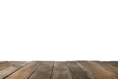 Photo of Empty wooden surface against white background. Mockup for design