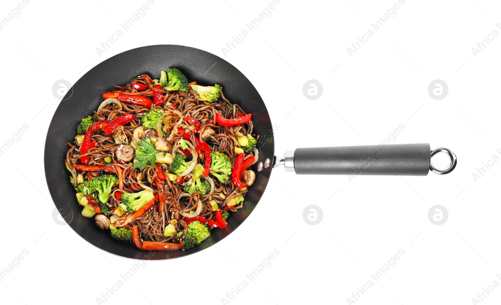 Photo of Stir-fry. Tasty noodles with meat and vegetables in wok isolated on white, top view