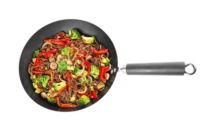 Photo of Stir-fry. Tasty noodles with meat and vegetables in wok isolated on white, top view