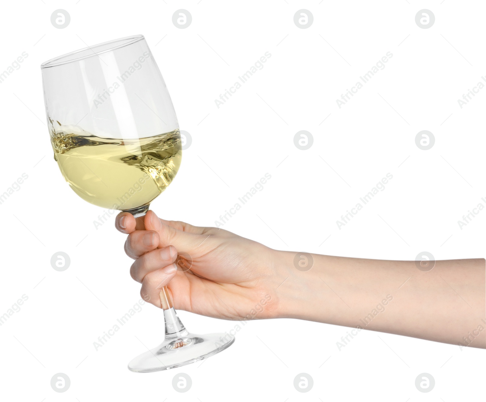 Photo of Woman with glass of wine isolated on white, closeup