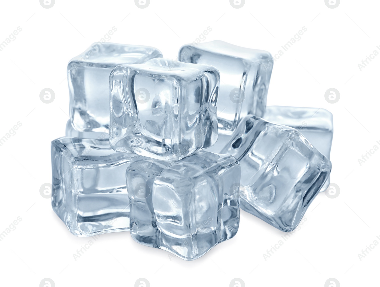 Photo of Pile of crystal clear ice cubes on white background