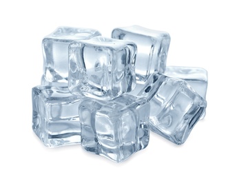 Pile of crystal clear ice cubes on white background