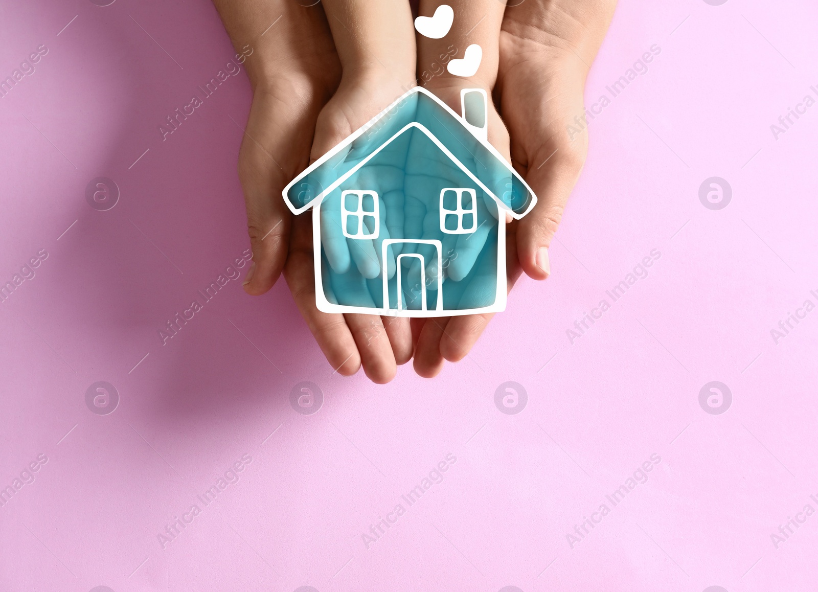 Image of Illustration of house and happy family holding hands on pink background, top view