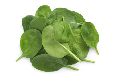 Photo of Pile of fresh spinach leaves isolated on white, top view