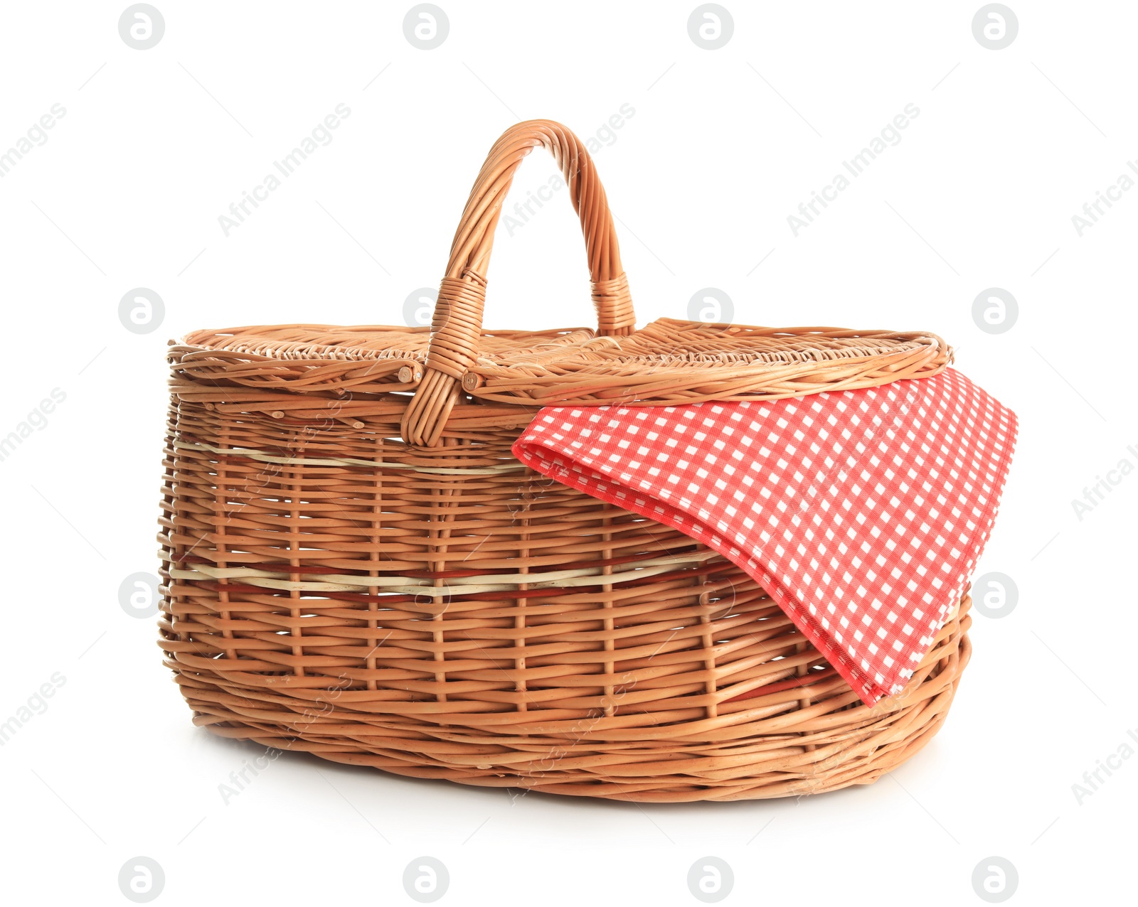 Photo of Empty picnic basket with checkered cloth isolated on white