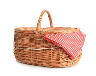 Photo of Empty picnic basket with checkered cloth isolated on white