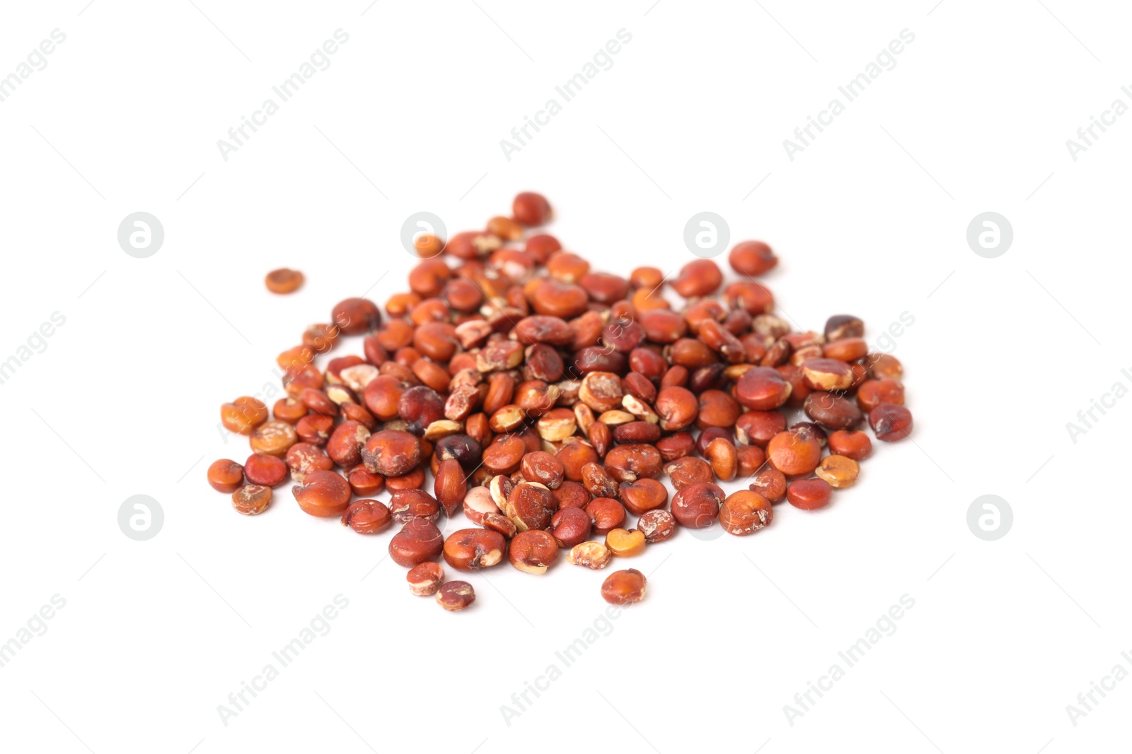 Photo of Pile of raw red quinoa seeds on white background. Vegetable planting