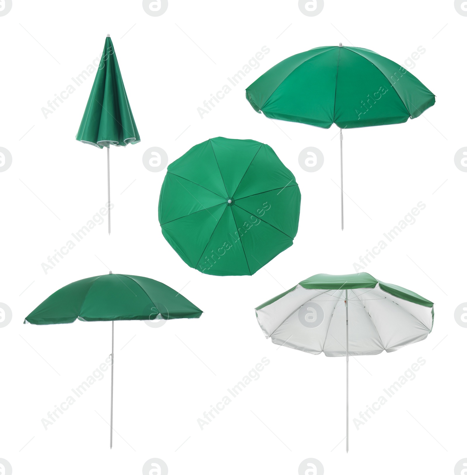 Image of Set with green beach umbrellas on white background