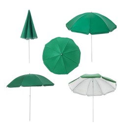 Image of Set with green beach umbrellas on white background