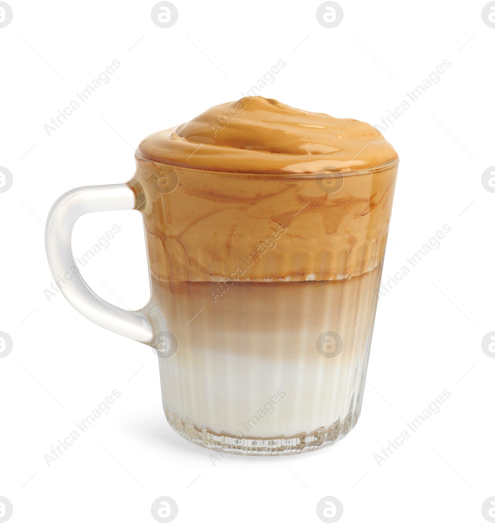 Photo of Glass mug of delicious dalgona coffee isolated on white