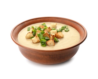Photo of Bowl of fresh homemade mushroom soup on white background