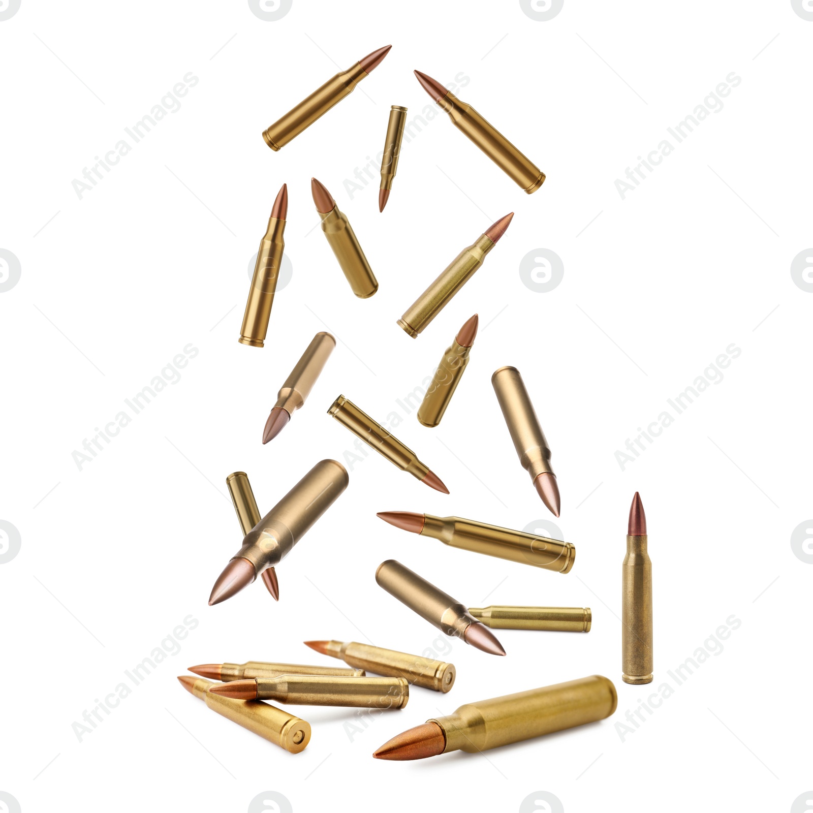 Image of Many bullets falling on white background. Firearm ammunition