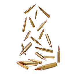 Image of Many bullets falling on white background. Firearm ammunition