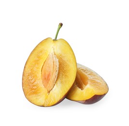 Photo of Fresh cut ripe plum on white background