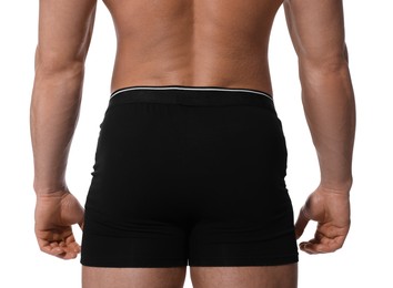 Photo of Young man is stylish black underwear on white background, closeup