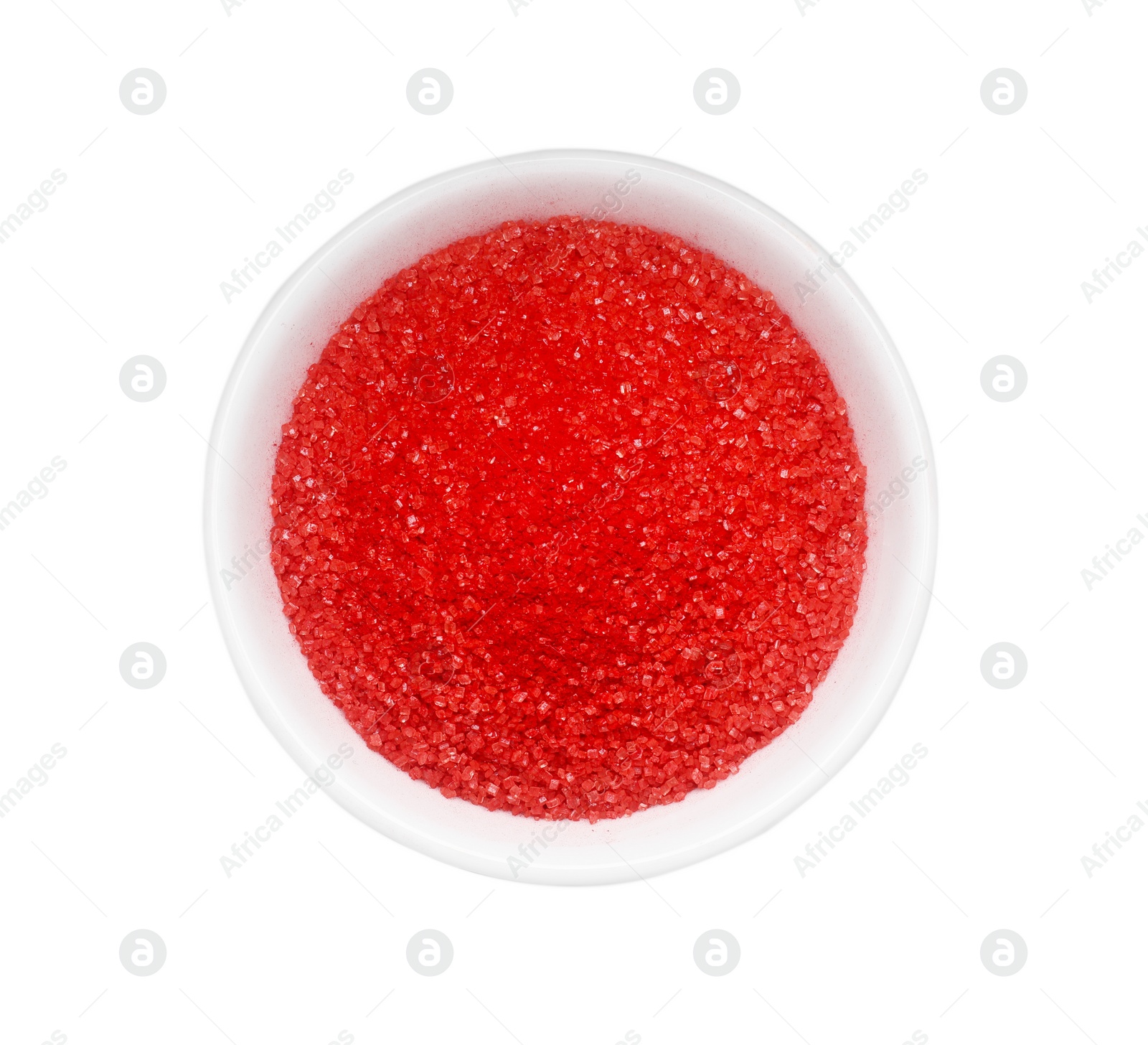 Photo of Bowl with red food coloring isolated on white, top view