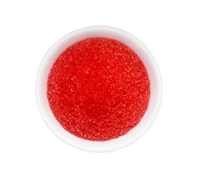Bowl with red food coloring isolated on white, top view