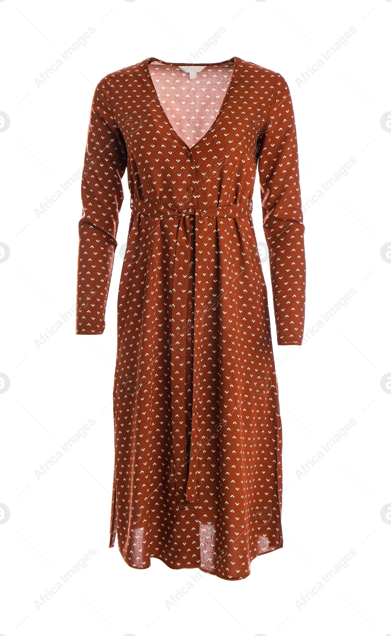 Photo of Elegant brown dress on mannequin against white background. Women's clothes