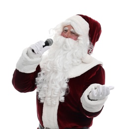 Photo of Santa Claus singing with microphone on white background. Christmas music
