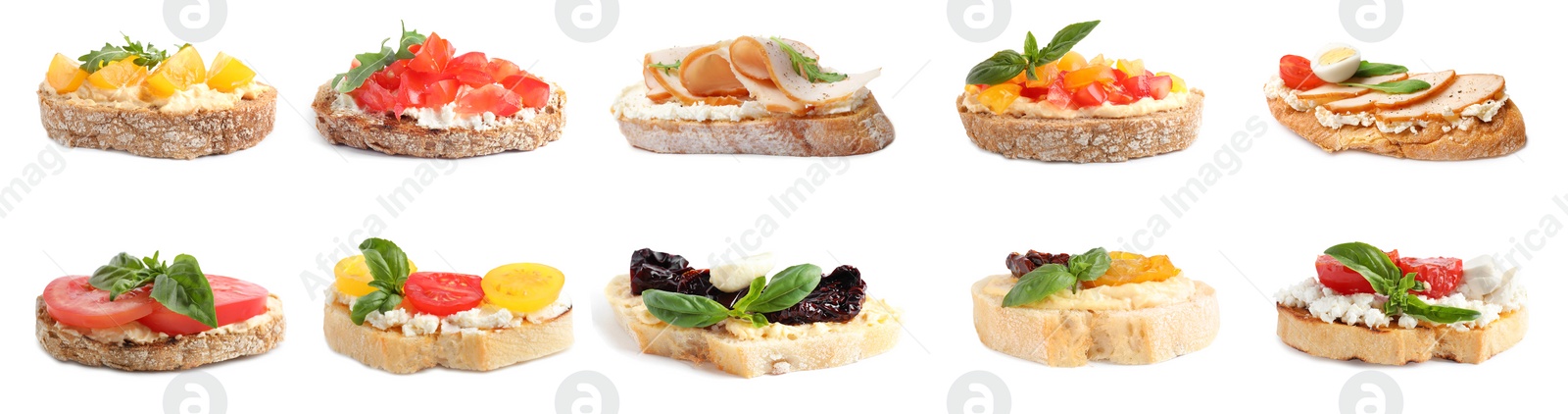 Image of Set of toasted bread with different toppings on white background, banner design 