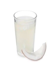 Photo of Glass of coconut water and nut isolated on white