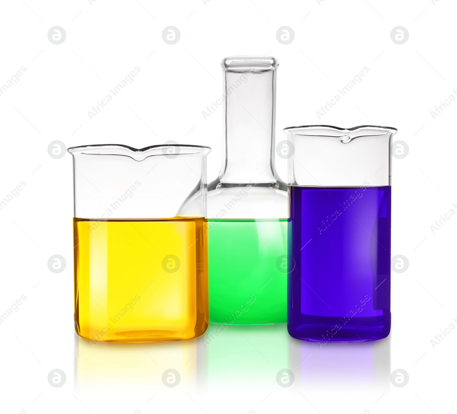 Photo of Laboratory glassware with different samples on white background. Solution chemistry