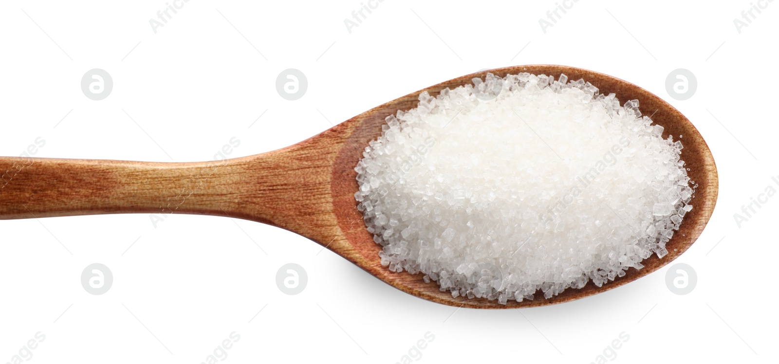 Photo of Granulated sugar in wooden spoon isolated on white, top view