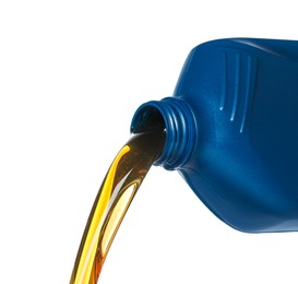 Photo of Pouring motor oil from blue container on white background, closeup