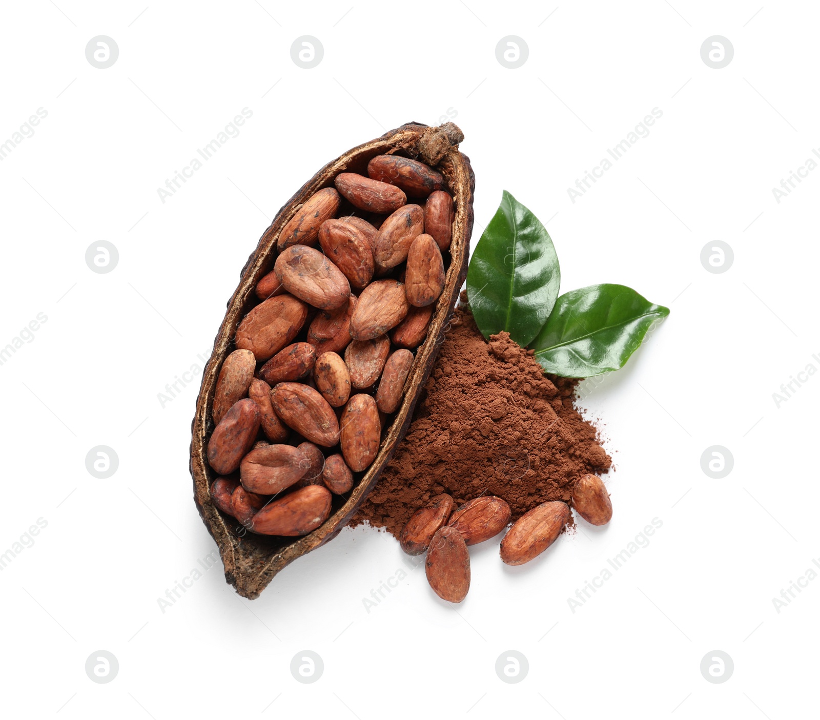 Photo of Composition with cocoa products on white background, top view