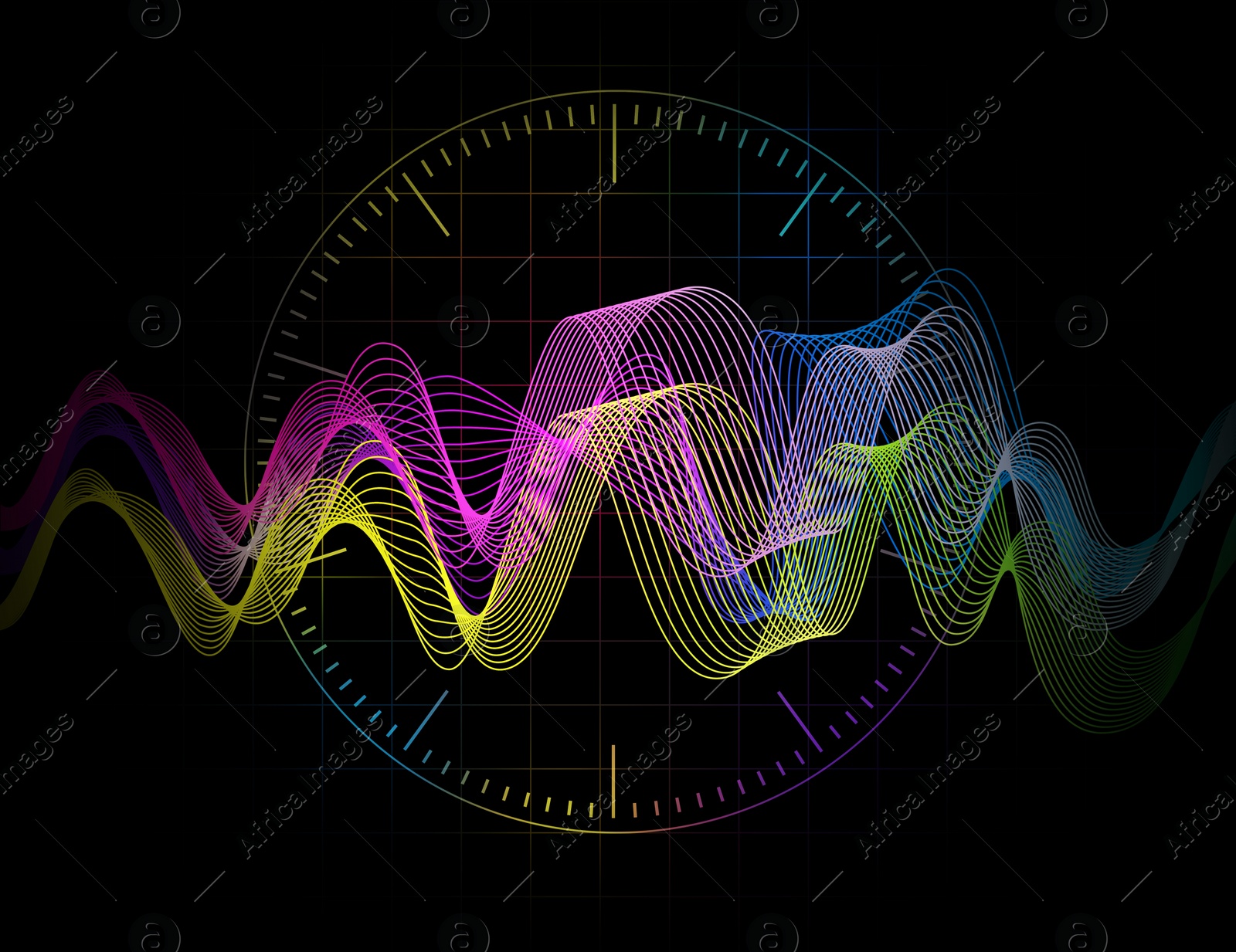 Image of Illustration of dynamic sound waves on black background