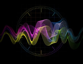 Image of Illustration of dynamic sound waves on black background