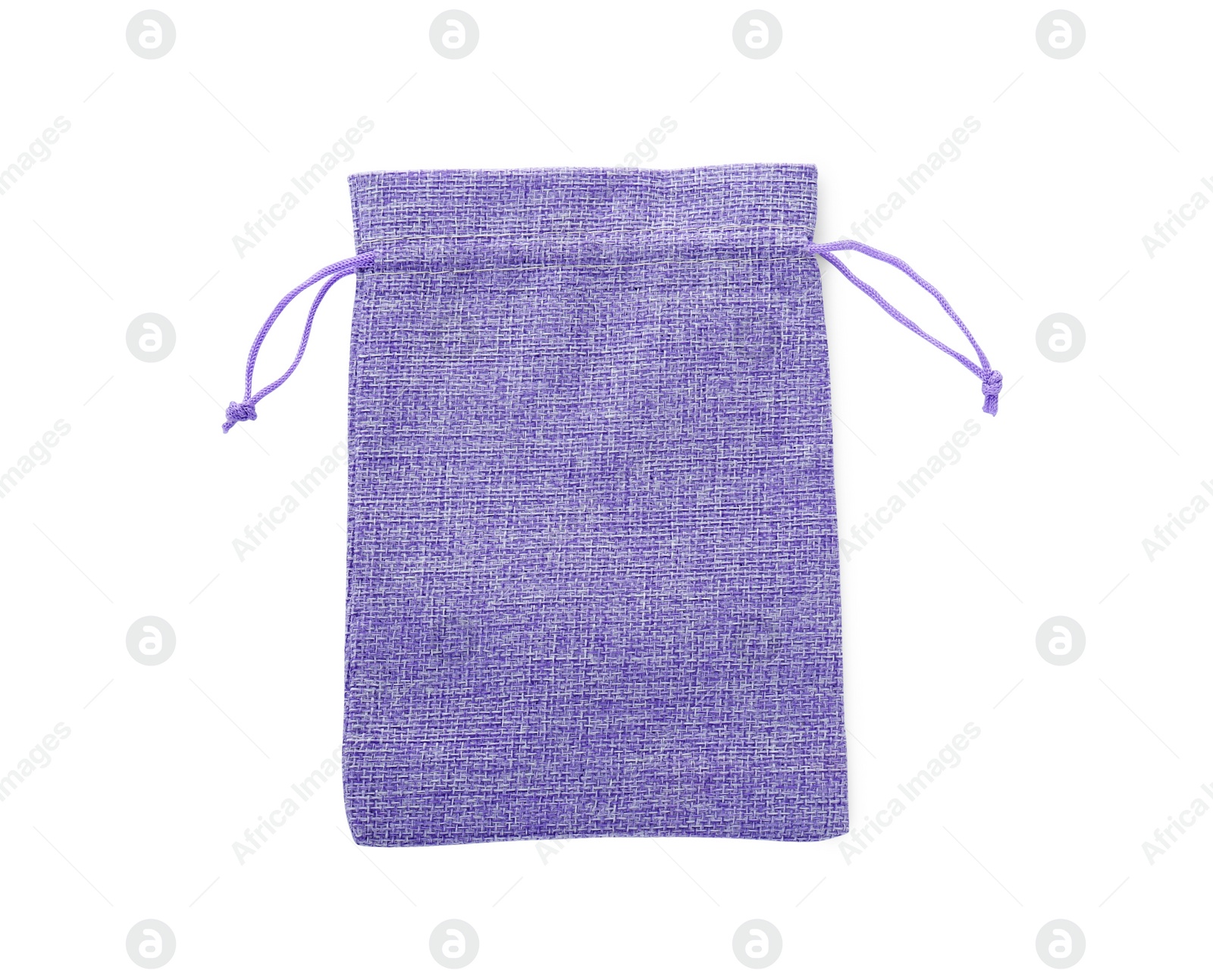 Photo of One violet burlap bag isolated on white, top view