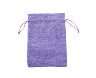 Photo of One violet burlap bag isolated on white, top view