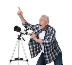 Photo of Excited senior astronomer with telescope on white background
