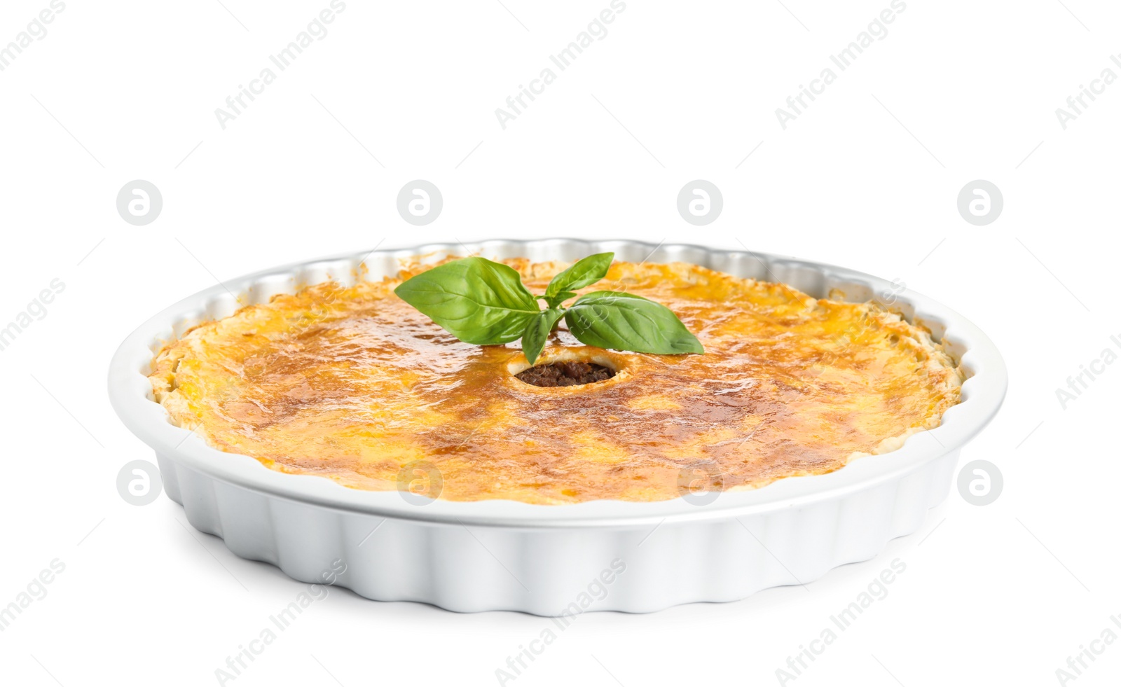 Photo of Delicious pie with minced meat on white background